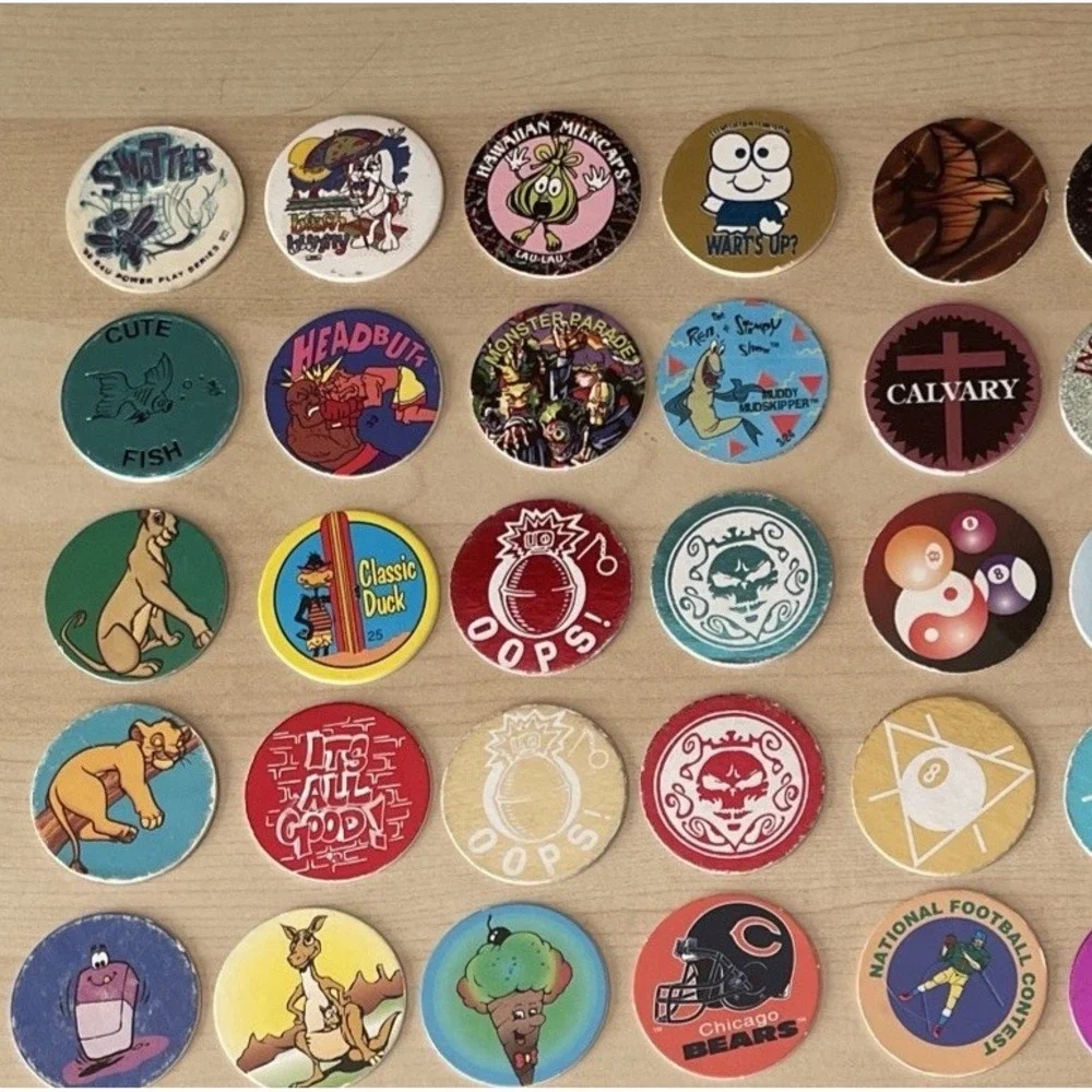 Random Mixed LOT Of 62 POGS‎ MILK CAPS + tube 90s Skull 8 Ball REN & Stimpy Art